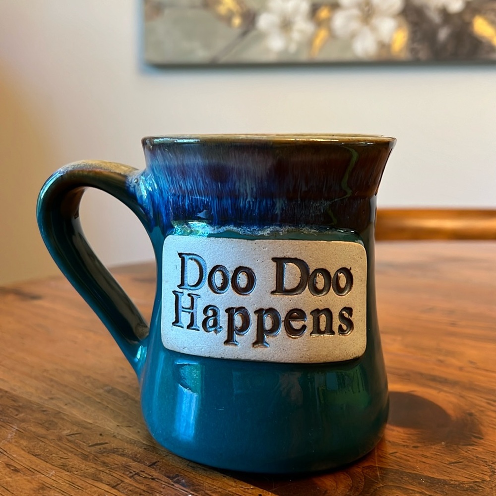 Doo Doo Happens Glazed Blue Green Coffee Tea Mug NWOT